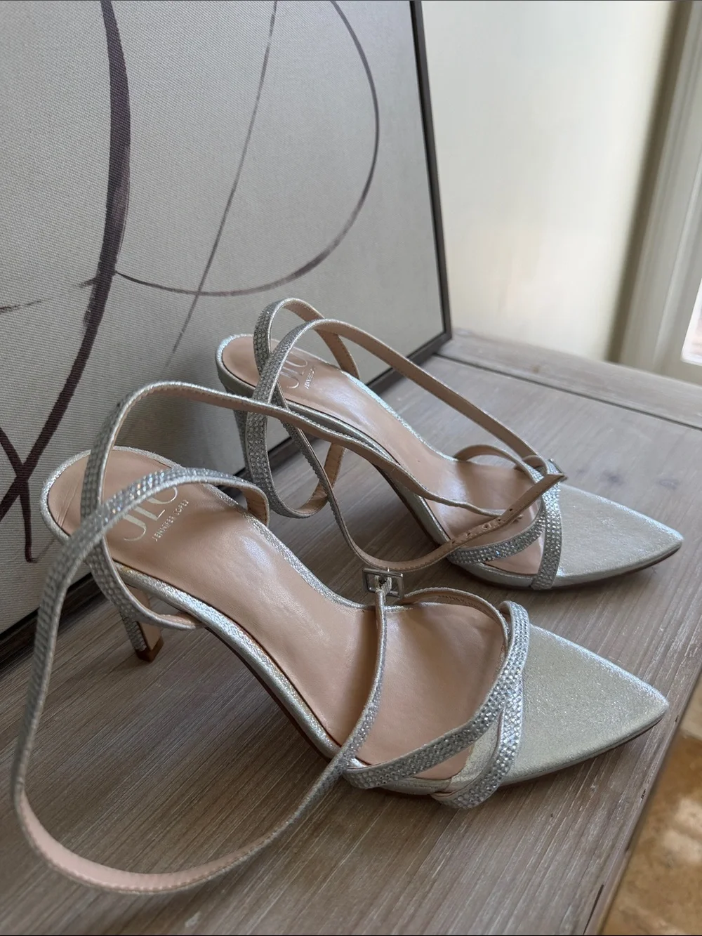 NWOT J . Lo Silver Glitter Strappy Pointed Heels with Ankle Strap